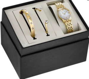 Ladies' Exclusive Bulova Crystal Accent Gold-Tone Watch and Bangle Boxed Set (Model: 98X115)